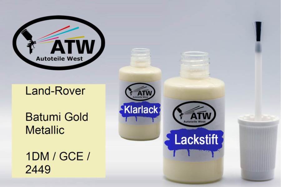 Land-Rover, Batumi Gold Metallic, 1DM / GCE / 2449: 20ml Lackstift + 20ml Klarlack - Set, von ATW Autoteile West.